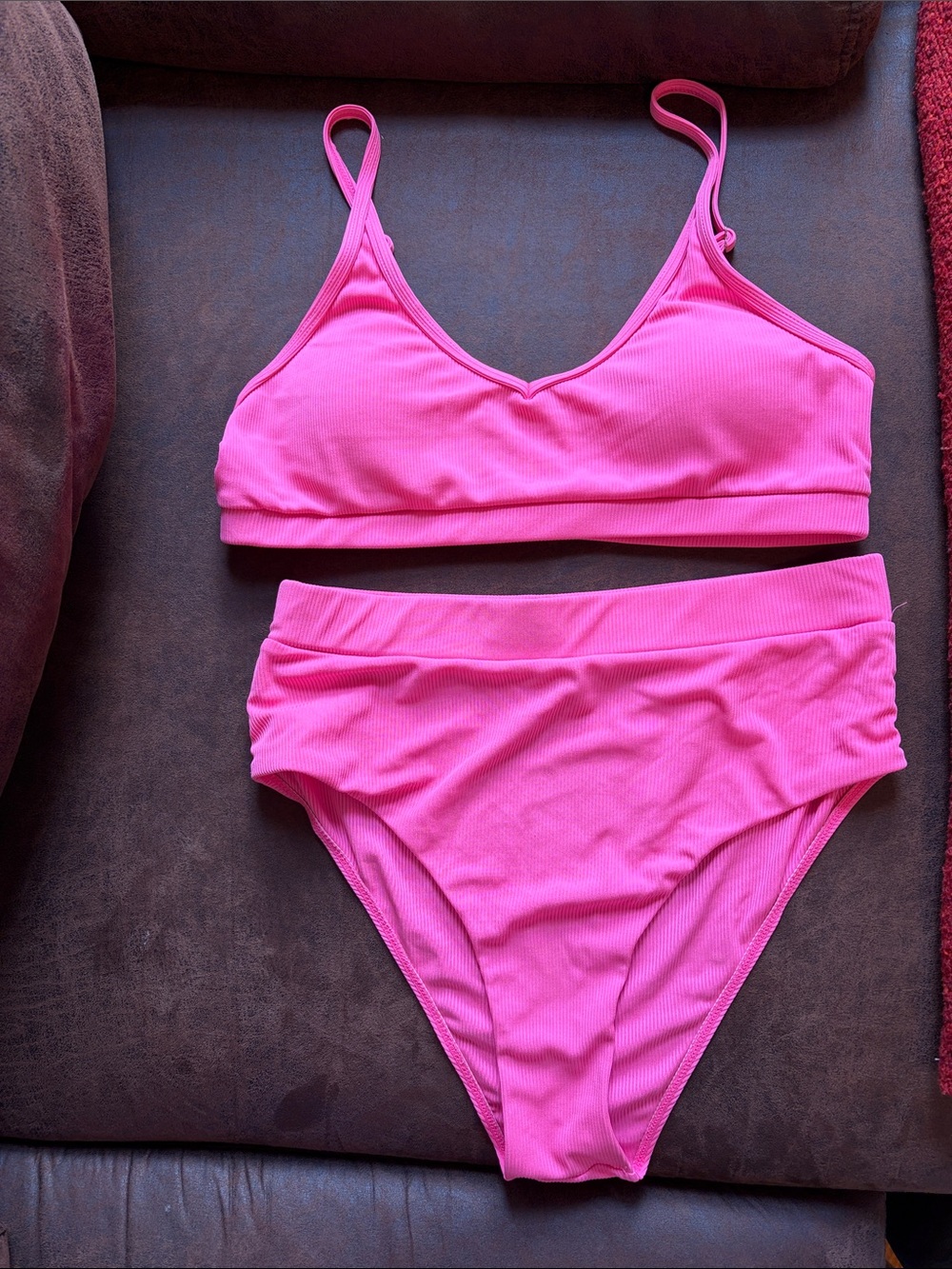 SHEIN Hot Pink Ribbed High Waist Bikini Set